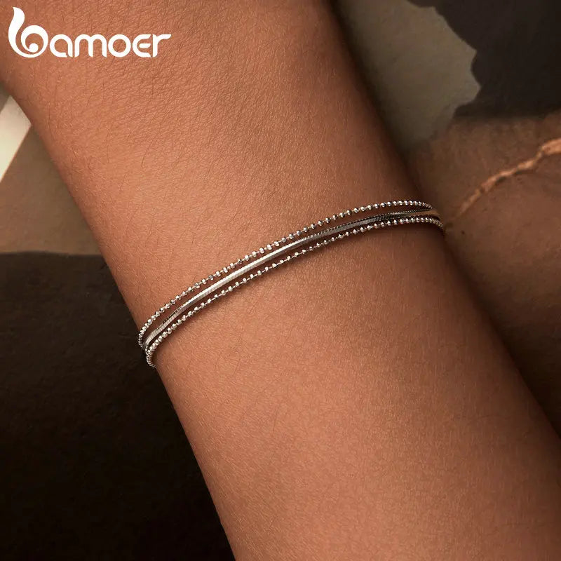 BAMOER Dainty 925 Sterling Silver Bracelets for Women, White Gold Plated Triple-Layered Adjustable Chain Bracelet Jewelry Gift