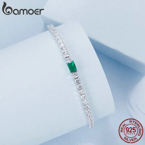 BAMOER 925 Sterling Silver Green Cubic Zirconia Tennis Bracelet Classic Adjustable Link Bracelet for Women Fine Jewelry BSB179