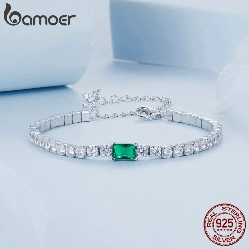 BAMOER 925 Sterling Silver Green Cubic Zirconia Tennis Bracelet Classic Adjustable Link Bracelet for Women Fine Jewelry BSB179