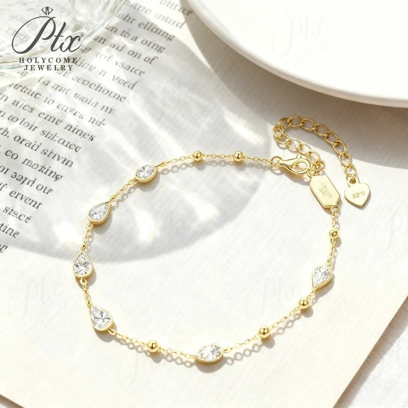 Women’s Moissanite Pear Shaped Teardrop Bracelet Fine Beaded Chain Stylish Daily Jewelry Bright Spark Modern Minimalist Piece