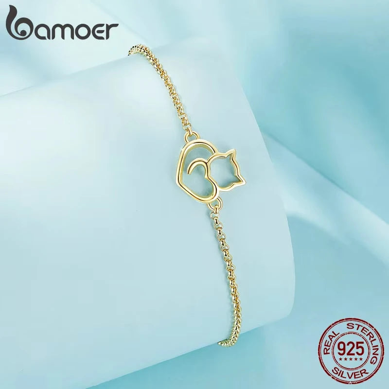 BAMOER 100% 925 Sterling Silver Cat And Heart Link Chain Bracelets & Bangles for Women Authentic Silver Jewelry Gift 3 Colors