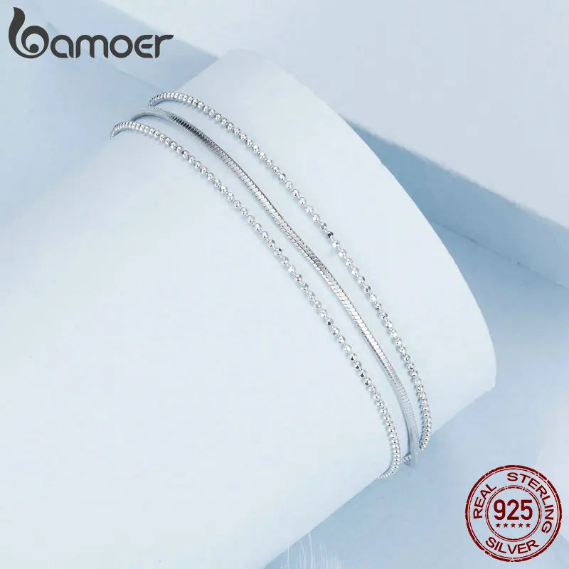 BAMOER Dainty 925 Sterling Silver Bracelets for Women, White Gold Plated Triple-Layered Adjustable Chain Bracelet Jewelry Gift